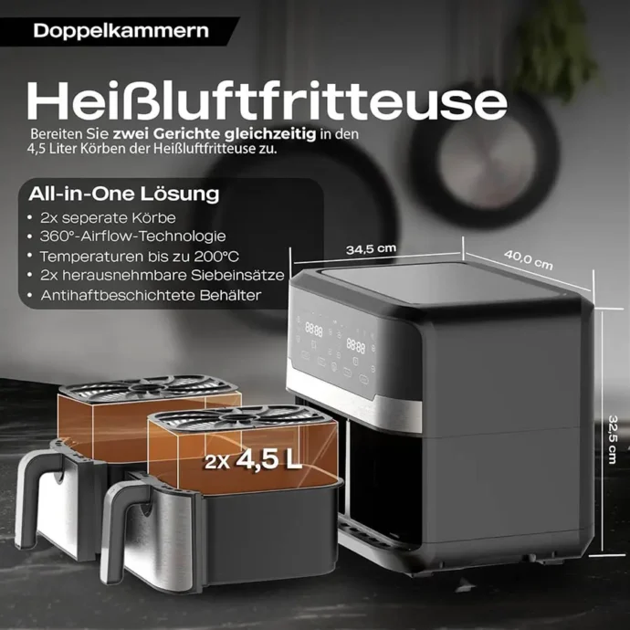 ⁦Heinrich Bauer Friteuse Sans Huile Air Fryer Double Bac 2400W 9L⁩ - الصورة ⁦6⁩