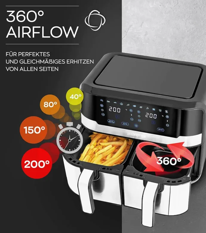 ⁦Heinrich Bauer Friteuse Sans Huile Air Fryer Double Bac 2400W 9L⁩ - الصورة ⁦3⁩