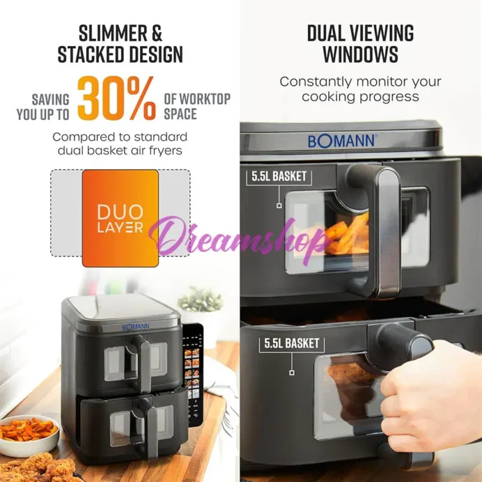 ⁦BOMANN GERMANY FRITEUSE SANS HUILE DOUBLE TIRROIRS DUALZONE 11L 2800W⁩ - الصورة ⁦4⁩