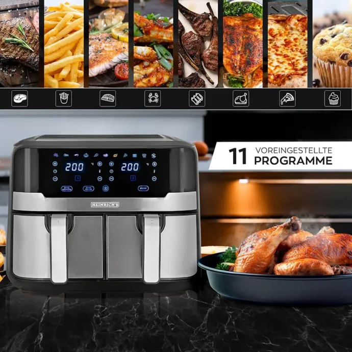 ⁦Heinrich Bauer Friteuse Sans Huile Air Fryer Double Bac 2400W 9L⁩ - الصورة ⁦2⁩