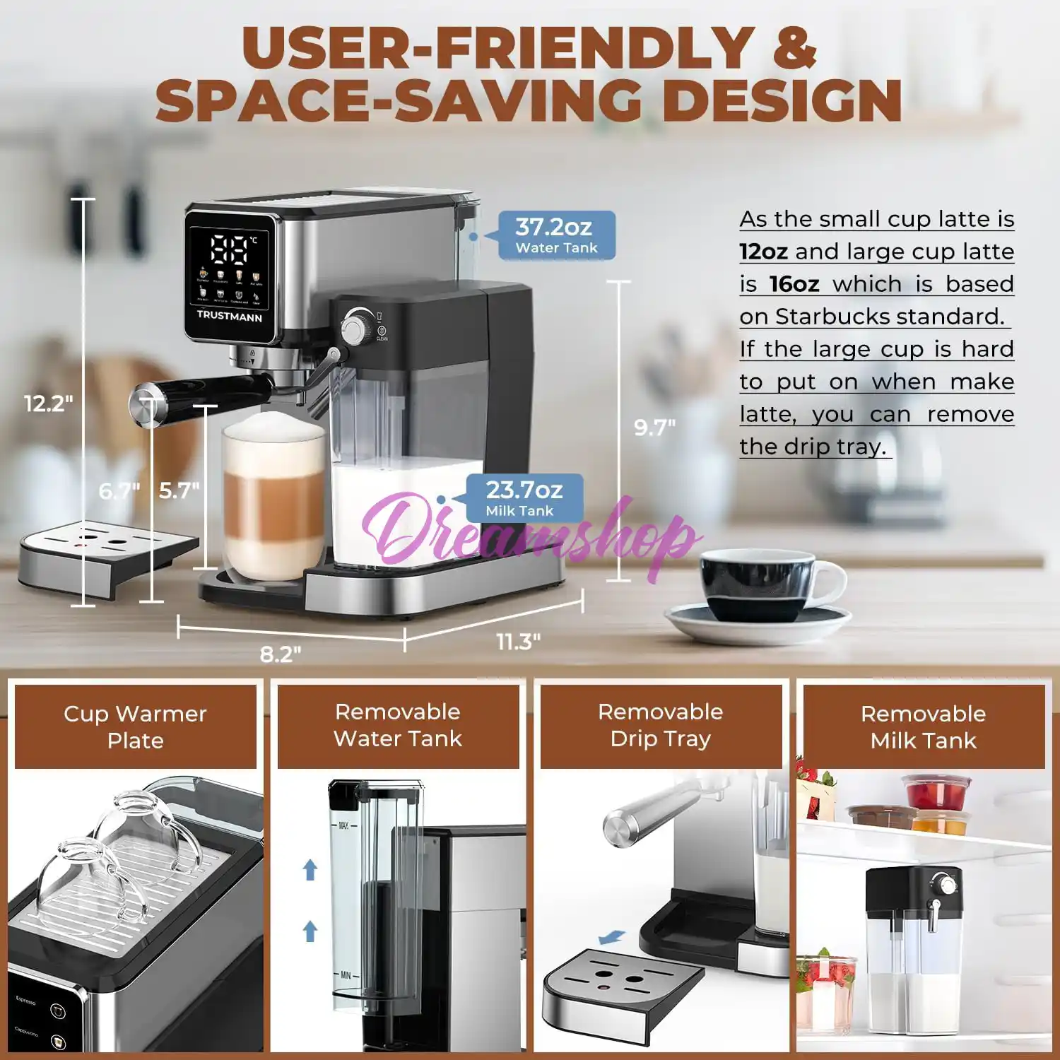 Machine à Café Expresso TRUSTMANN 20 Bar - 6 En 1 1350 WATTS - الصورة 2